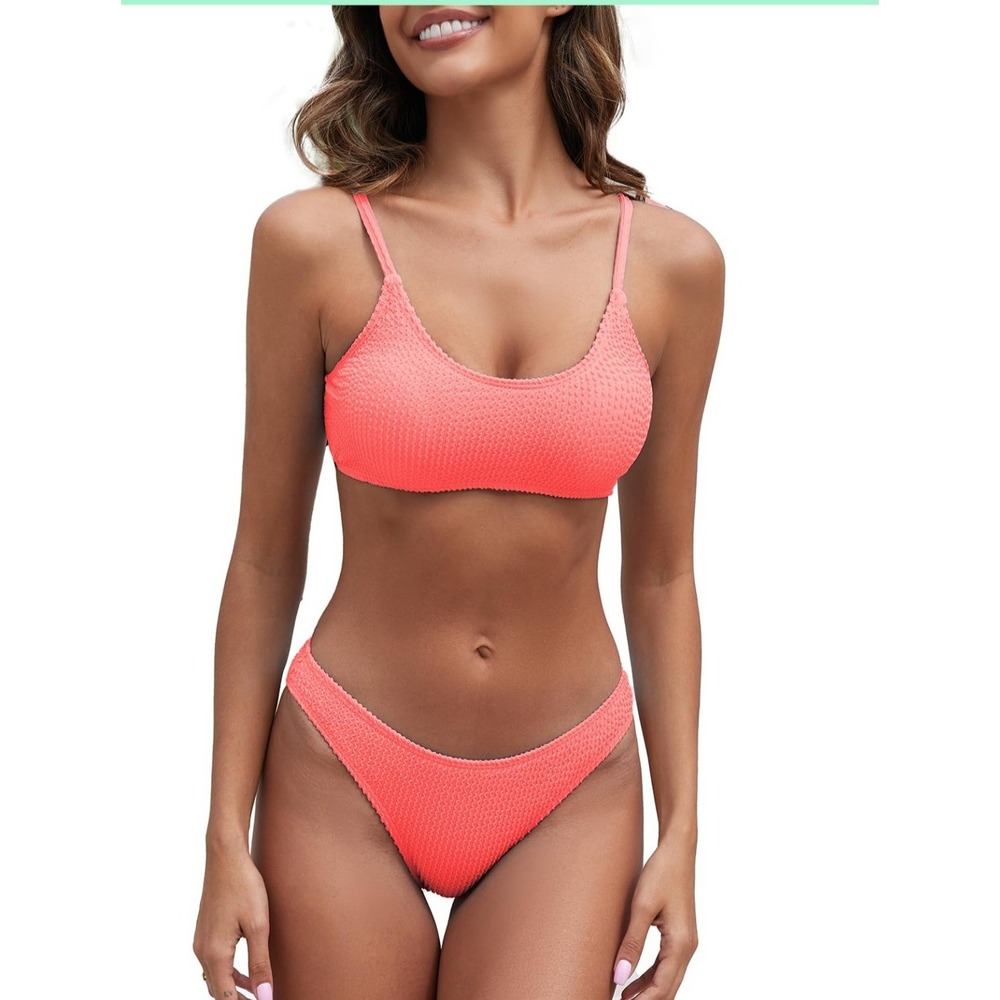 Neon Coral Smocked Bikini Set Textured High Cut Two Piece Swimsuit Large